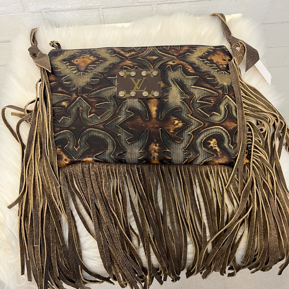 Keep It Gypsy Maxine Upcycled Damask Leather Fringe Bag